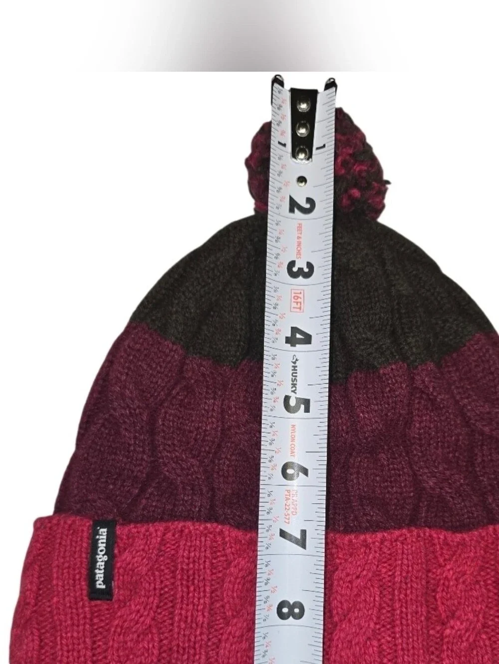 Patagonia Cable Knit Pom Pom Beanie Hat Pink Burgundy Black Fleece Lined OS
